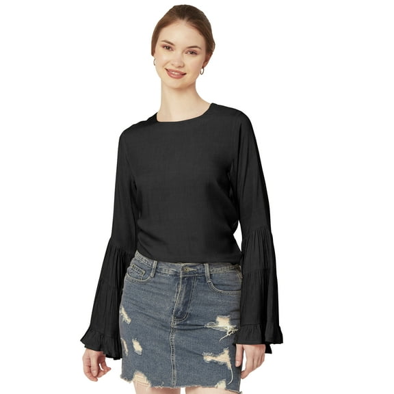 Moomaya Solid Long Ruffle Bell Sleeve Top, Round Neck Casual Viscose Rayon Boho Top