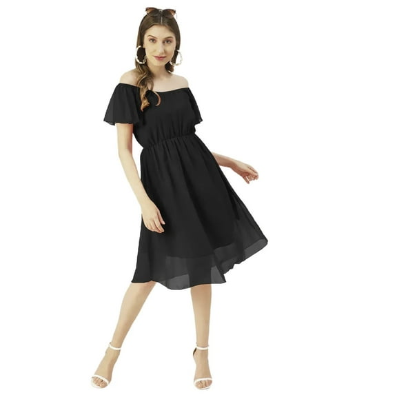 Moomaya Solid Off-Shoulder Poly Georgette Midi Dress Cinched Long Dress