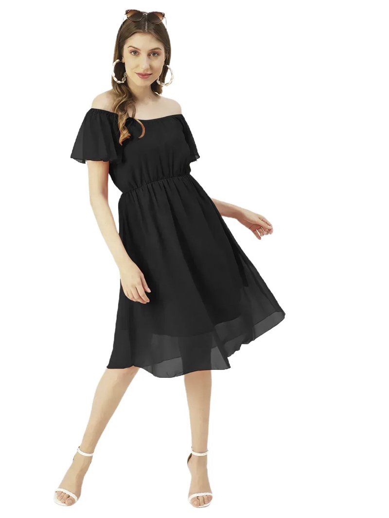 off shoulder georgette dress Deep red off-shoulder gown with beaded bodice and flowing crepe
