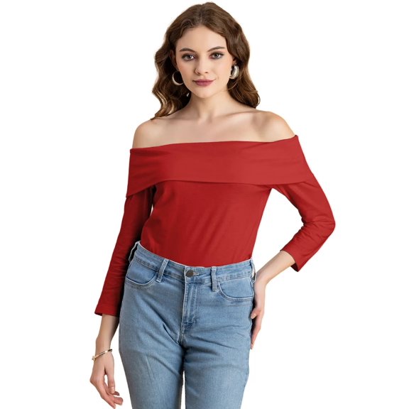 Moomaya Solid Off-Shoulder Tops, Womens Full Sleeve Casual Vacation Top