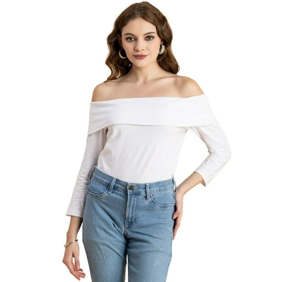 Moomaya Solid Off-Shoulder Tops, Womens Full Sleeve Casual Vacation Top