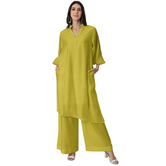 Moomaya Solid Off-White Puffed Sleeve Kurta with Flared Palazzo Pants for Women