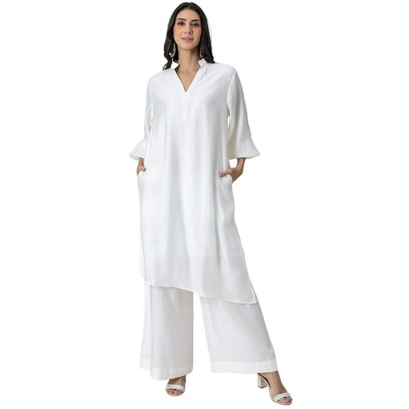Moomaya Solid Off-White Puffed Sleeve Kurta with Flared Palazzo Pants for Women
