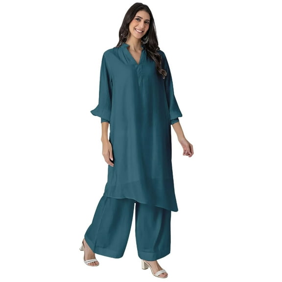 Moomaya Solid Off-White Puffed Sleeve Kurta with Flared Palazzo Pants for Women