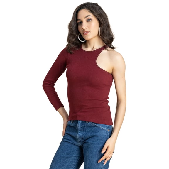 Moomaya Solid One Shoulder Knit Top, Designer Fitted Top For Women