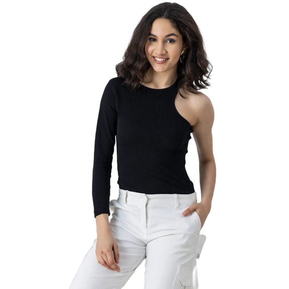 Moomaya Solid One Shoulder Knit Top, Designer Fitted Top For Women