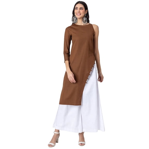 Moomaya Solid One Shoulder Kurta with Side Slit & Wide Elastic Waist Palazzo Indo-Western Fusion Wear