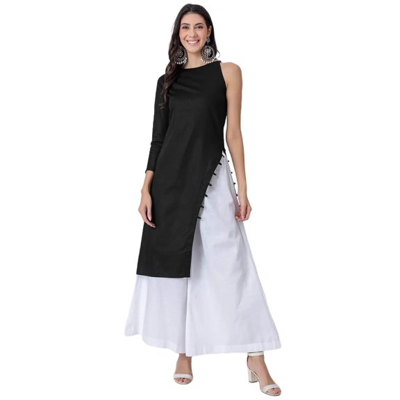 Moomaya Solid One Shoulder Kurta with Side Slit & Wide Elastic Waist Palazzo Indo-Western Fusion Wear