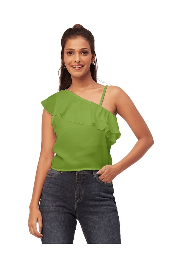 Solid One Shoulder Ruffled Tops, Sleeveless Casual Summer Crop Top