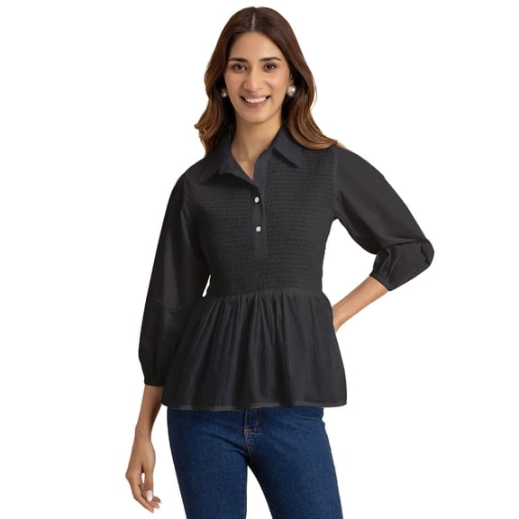 Moomaya Solid Peplum Style Regular Fit Top, Casual Smocked Shirt Top For Women