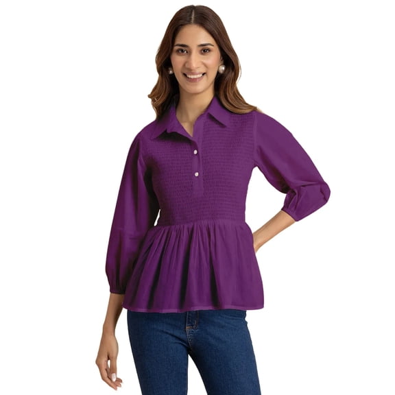 Moomaya Solid Peplum Style Regular Fit Top, Casual Smocked Shirt Top For Women