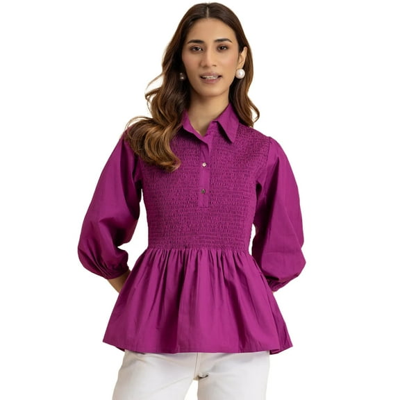 Moomaya Solid Peplum Style Regular Fit Top, Casual Smocked Shirt Top For Women