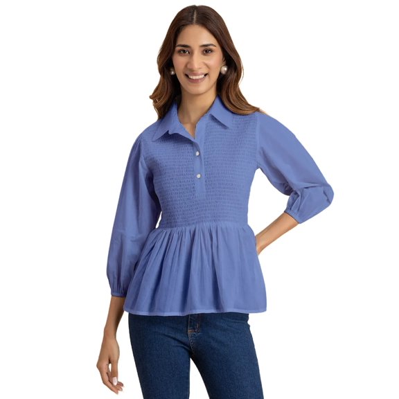 Moomaya Solid Peplum Style Regular Fit Top, Casual Smocked Shirt Top For Women