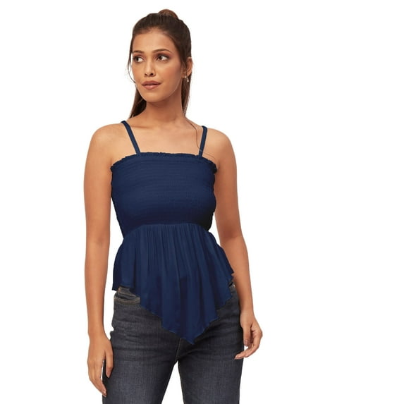 Moomaya Solid Peplum Tops For Women, Casual Smocked Strap Tube Tunic
