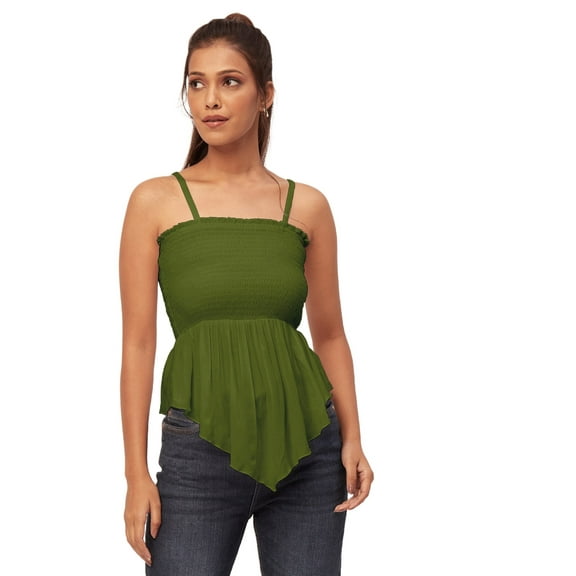 Moomaya Solid Peplum Tops For Women, Casual Smocked Strap Tube Tunic