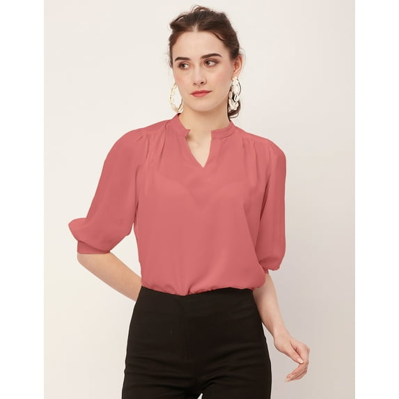 Moomaya Solid Puff Sleeve Tops, Band Collar, Semi-Formal Tops For Women