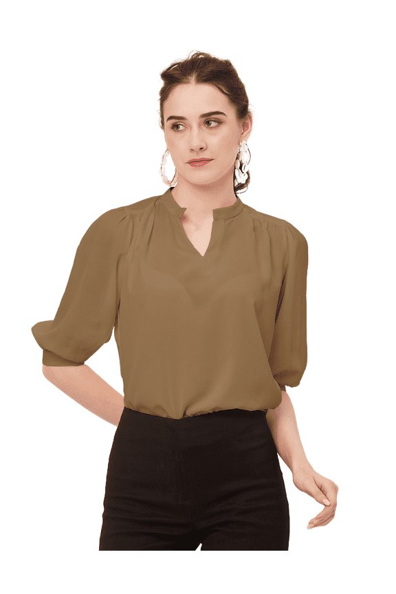 Solid Puff Sleeve Tops, Band Collar, Semi-Formal Tops For Women