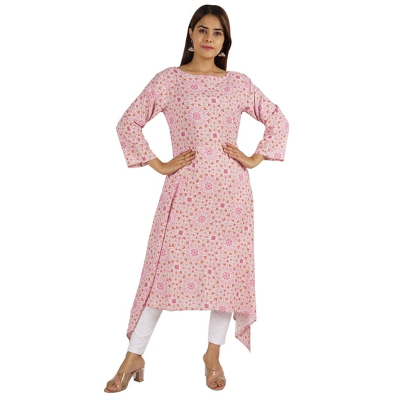 Moomaya Solid Rayon Kurta For Women bell Sleeve Drawstring Neck Long Ethnic Kurti