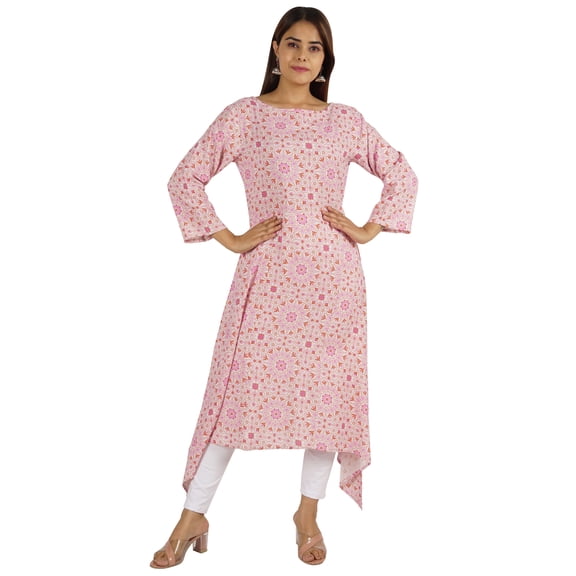 Moomaya Solid Rayon Kurta For Women bell Sleeve Drawstring Neck Long Ethnic Kurti