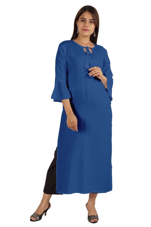 Solid Rayon Kurta For Women bell Sleeve Drawstring Neck Long Ethnic Kurti