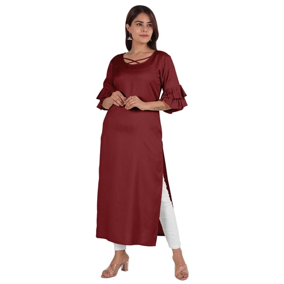 Moomaya Solid Rayon Kurta For Women bell Sleeve Drawstring Neck Long Ethnic Kurti