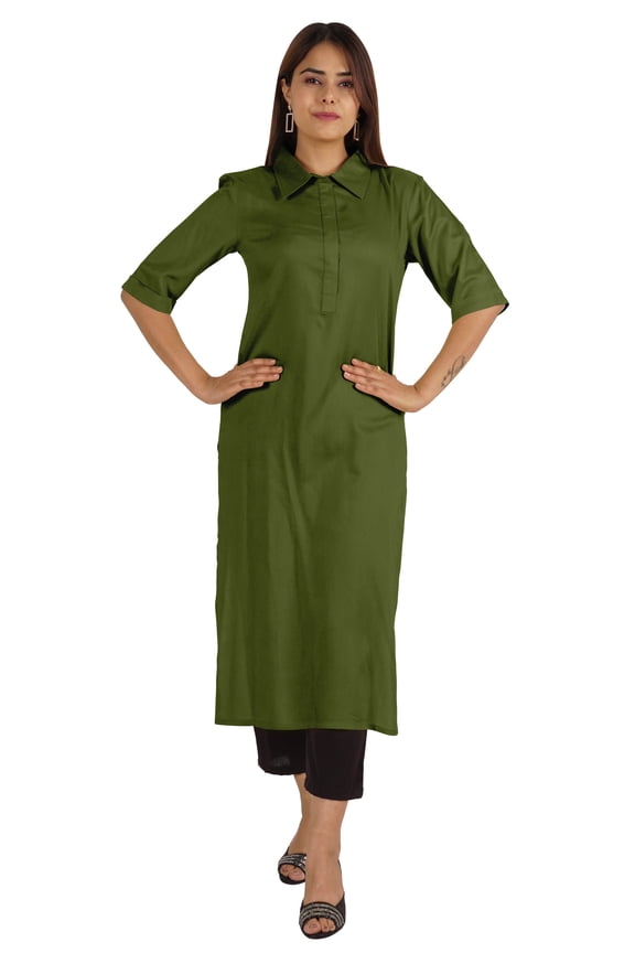 Solid Rayon Kurta For Women bell Sleeve Drawstring Neck Long Ethnic Kurti