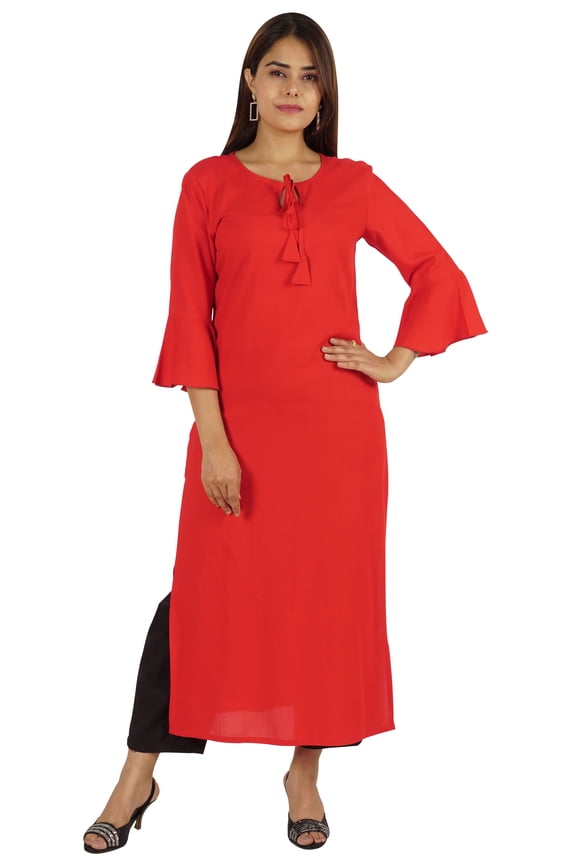 Solid Rayon Kurta For Women bell Sleeve Drawstring Neck Long Ethnic Kurti