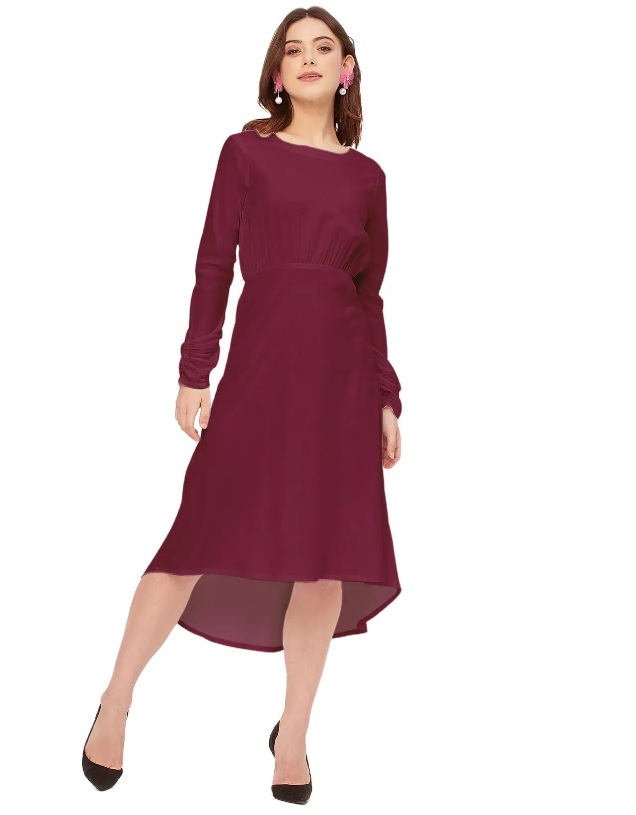 rayon long sleeve dress Moomaya Solid Rayon Long Sleeve Fit & Flare Dress