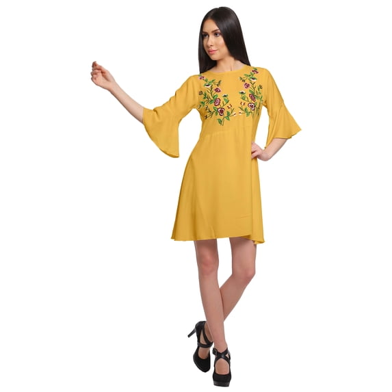 Moomaya Solid Round Neck Bell Sleeves Embroidery Dress For Plus Size Summer Wear