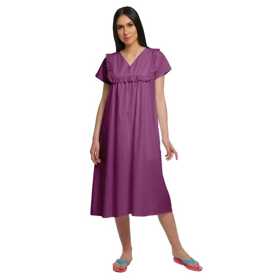 Moomaya Solid Round Neck Nursing Sleepwear WoMen's Cotton Nightdress Gown