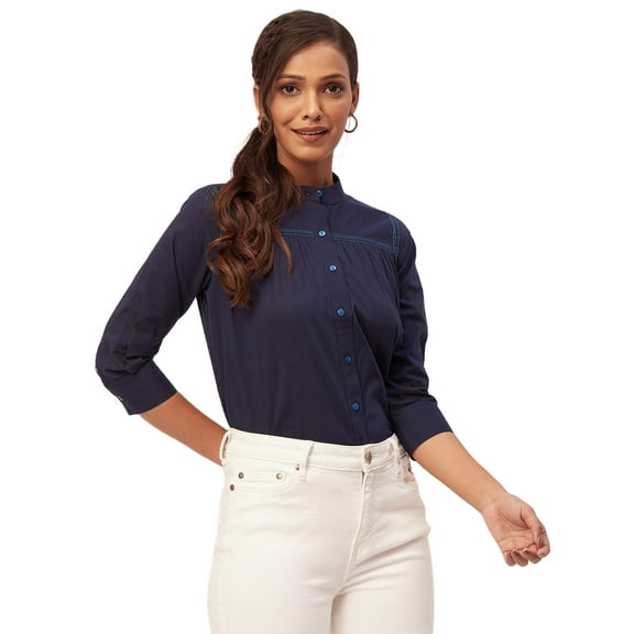 Moomaya Solid Shirts For Women, Mandarin Collar Button Down Cotton Formal Shirt
