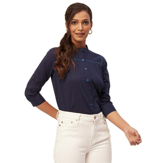 Moomaya Solid Shirts For Women, Mandarin Collar Button Down Cotton Formal Shirt