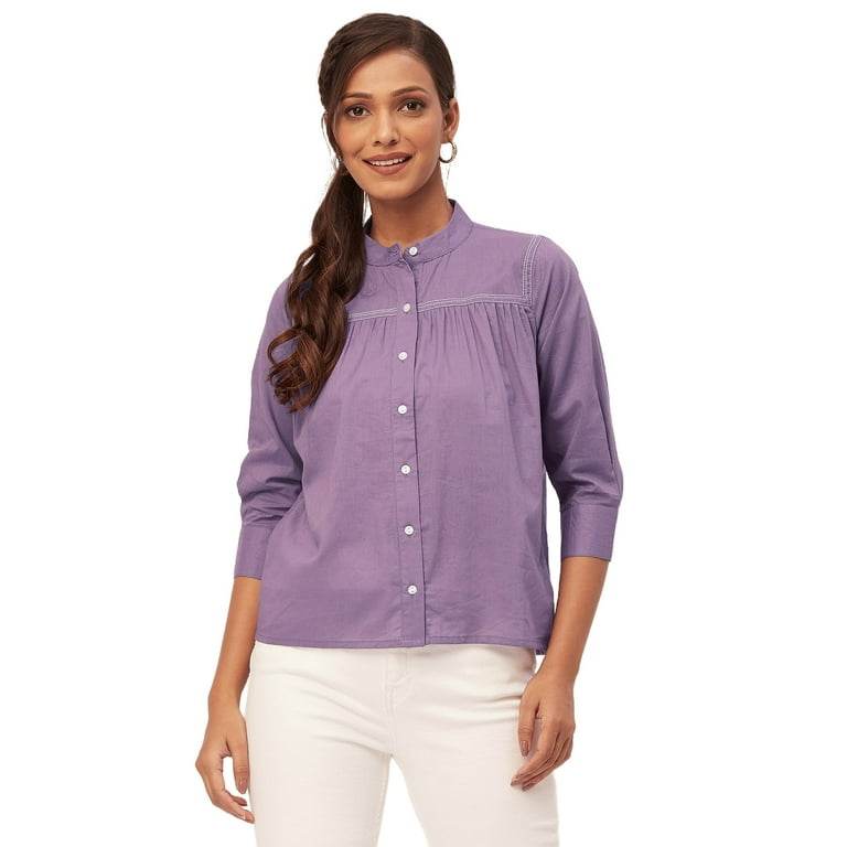 Moomaya Solid Shirts For Women Mandarin Collar Button Down Cotton Formal Shirt Walmart