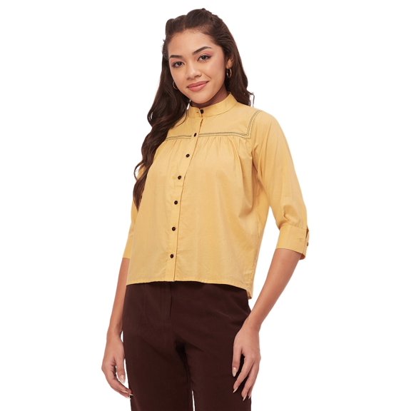 Moomaya Solid Shirts For Women, Mandarin Collar Button Down Cotton Formal Shirt