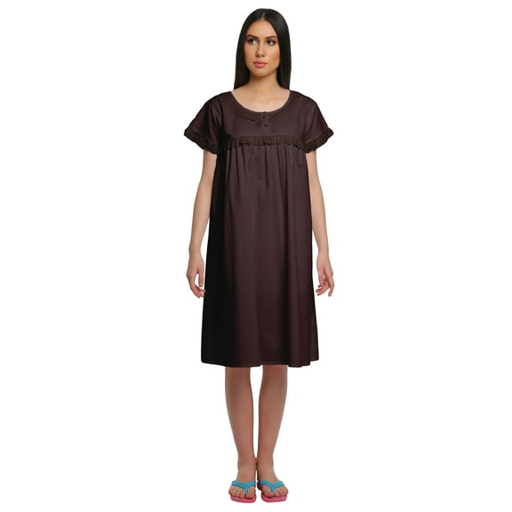 Moomaya Solid Short Sleeve Knee Length Nightdress Round Neck Sleepwear Gown