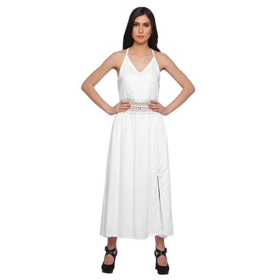 Moomaya Solid Sleeveless Adjustable Spaghetti Strap Long Dress For Women