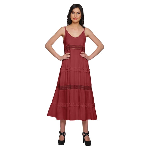 Moomaya Solid Sleeveless Long Maxi Dress Spaghetti Straps With Lace Trim