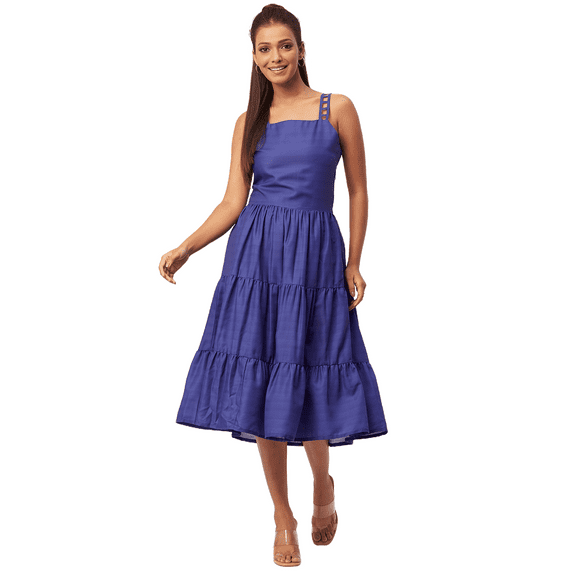 Moomaya Solid Sleeveless Tiered Dress, Strap Dress Summer Midi Rayon Dresses