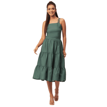 Moomaya Solid Sleeveless Tiered Dress, Strap Dress Summer Midi Rayon Dresses