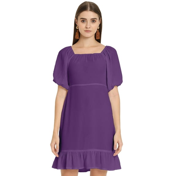 Moomaya Solid Square Neck Sheath Dress, Puff Sleeve Short Ruffle Hem Dress