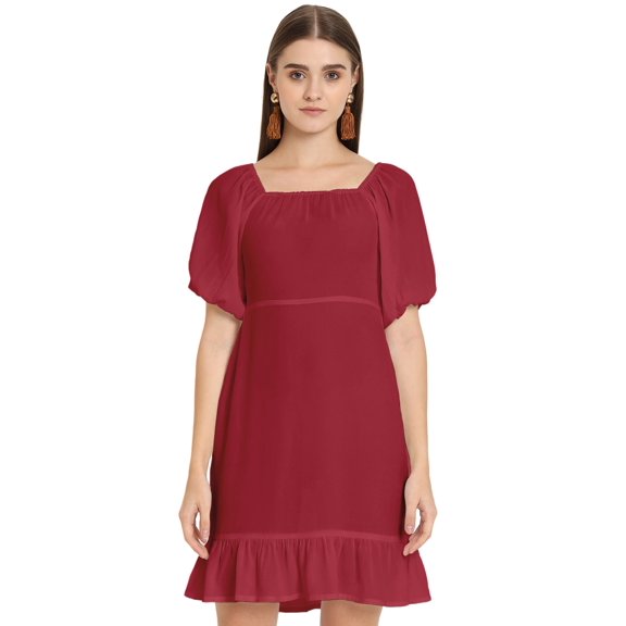 Moomaya Solid Square Neck Sheath Dress, Puff Sleeve Short Ruffle Hem Dress