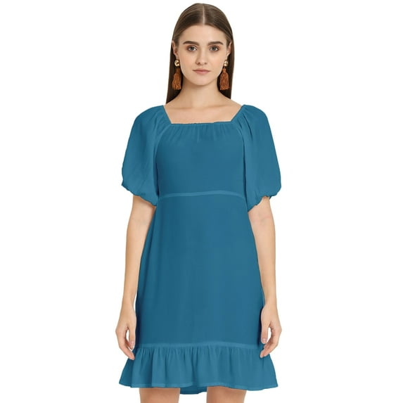 Moomaya Solid Square Neck Sheath Dress, Puff Sleeve Short Ruffle Hem Dress