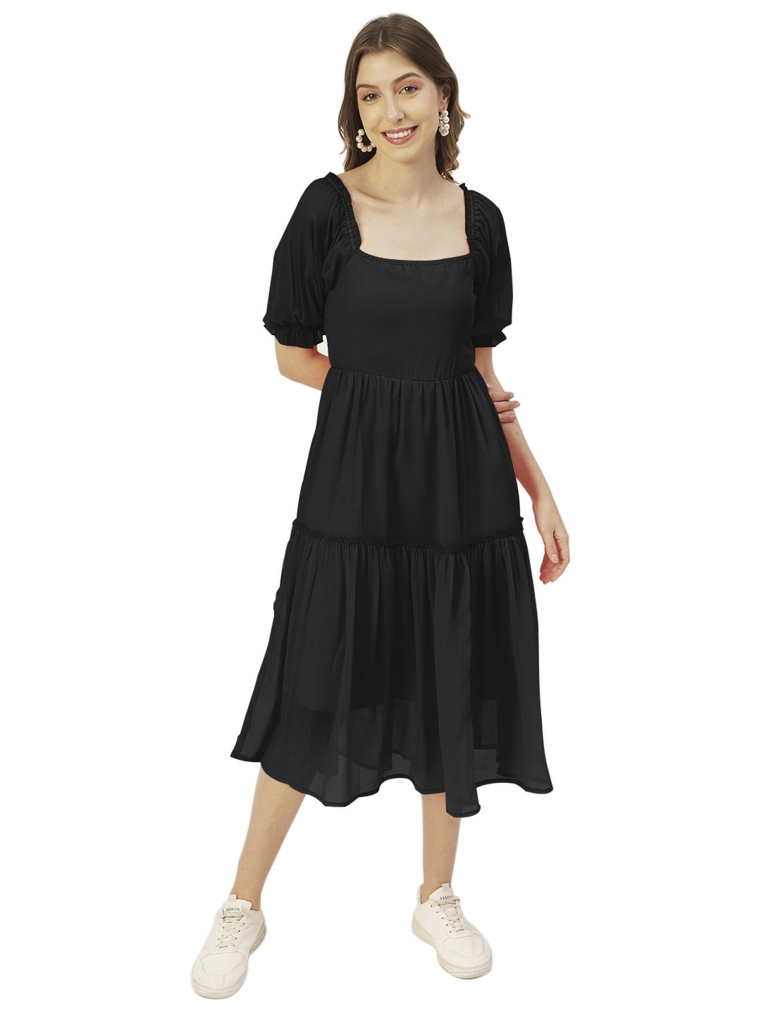 Moomaya Solid Square Neck Smocked Midi Dress, Poly Georgette Dresses For  Women - Walmart.com