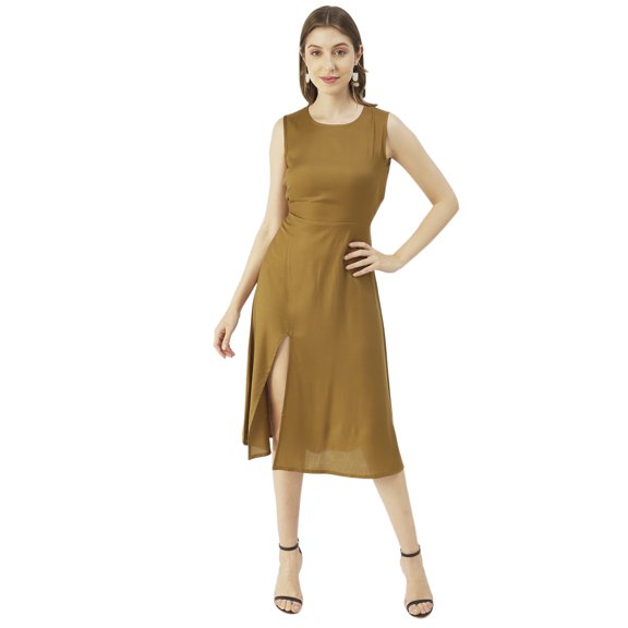 Moomaya Solid Stylish Back Dress, Front Slit Calf Length Dresses For Women