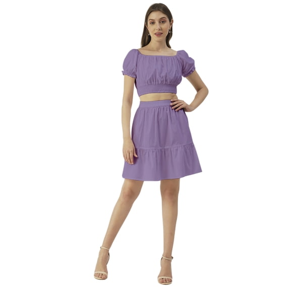 Moomaya Solid Summer 2 Pcs Set For Women, Off-Shoulder Crop Top - Mini Skirt Coord Set