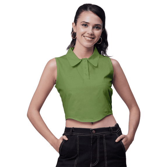 Moomaya Solid Tank Tops For Women, Sleeveless Collar Neck Shirt Crop Top Blouse