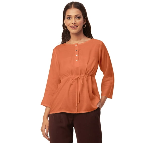 Moomaya Solid Tie-Up Tops For Women, Quarter Sleeves Round Neck Casual Viscose Top