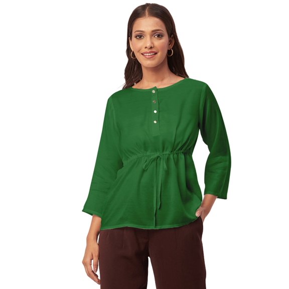 Moomaya Solid Tie-Up Tops For Women, Quarter Sleeves Round Neck Casual Viscose Top