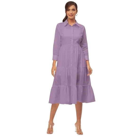 Moomaya Solid Tiered Dress For Women, Cotton Dress With Collar