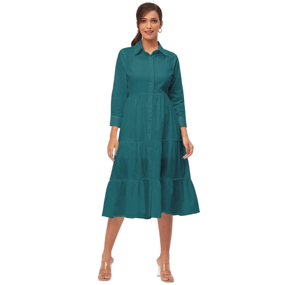 Moomaya Solid Tiered Dress For Women, Cotton Dress With Collar